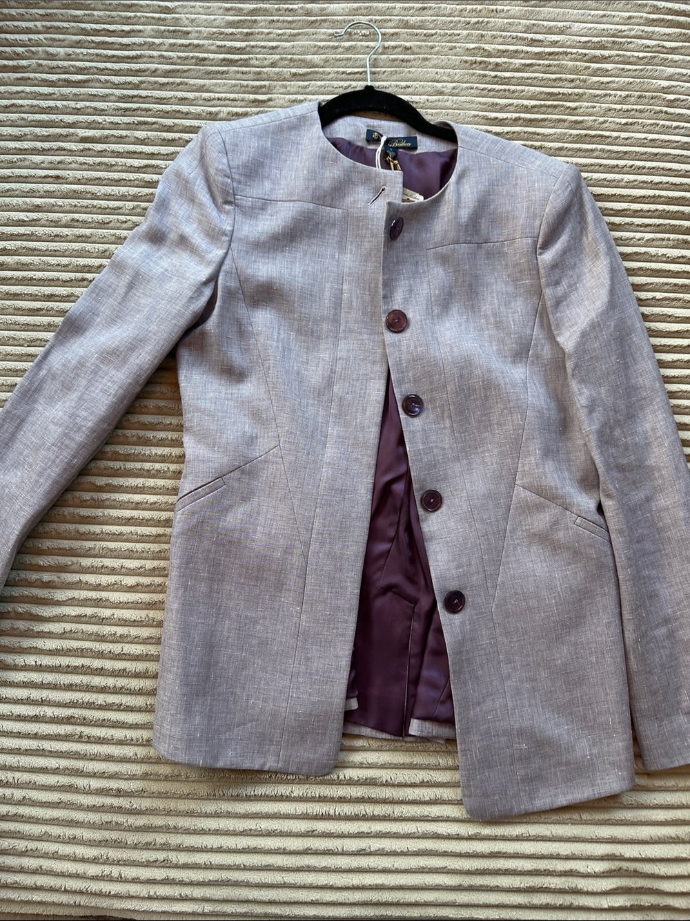 Brooks Brothers Taupe Collarless Blazer with Plum Lining